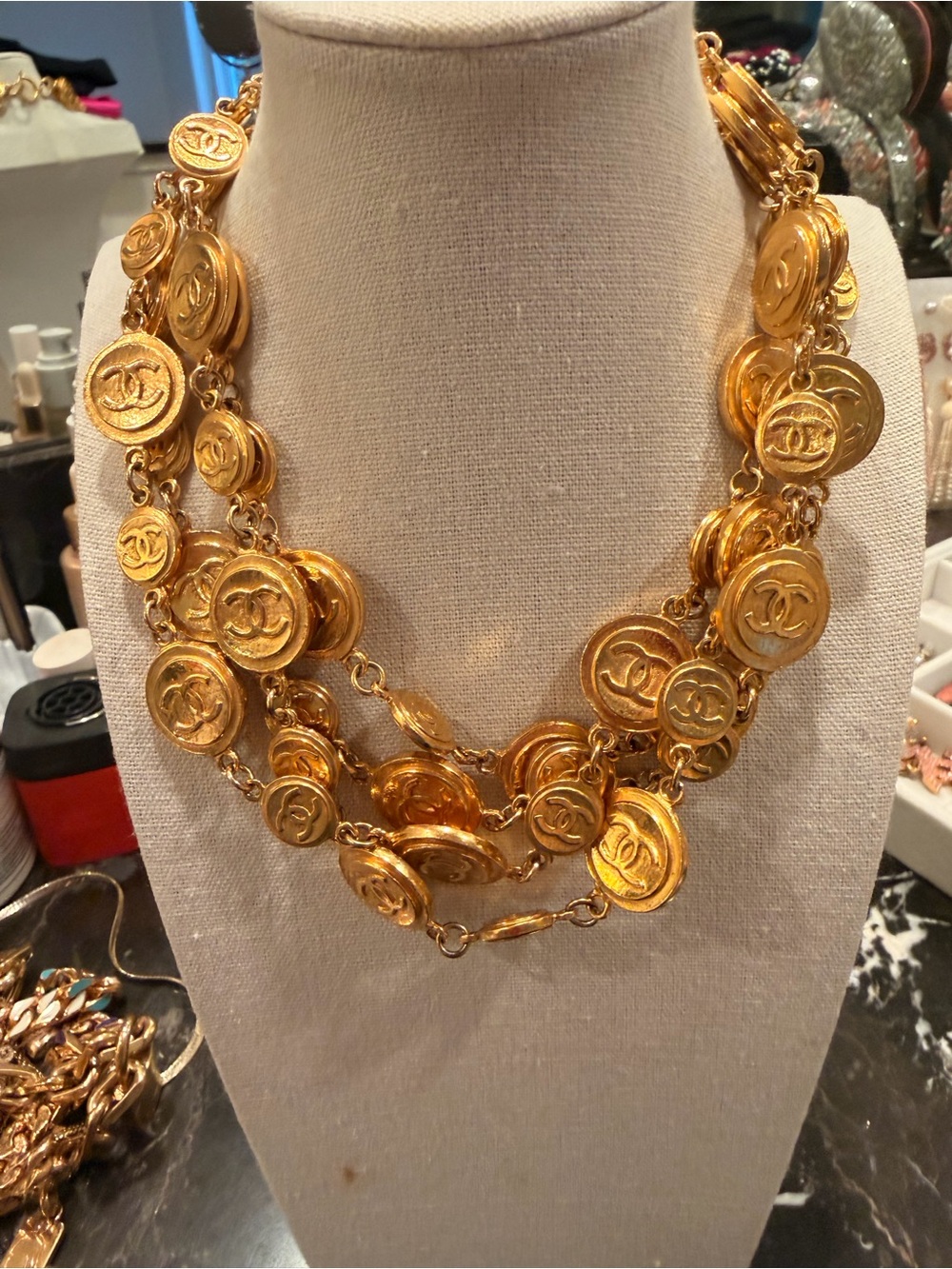 Vintage CHANEL Rare Four-Strand CC Coin Medallion Necklace – Gold Plated